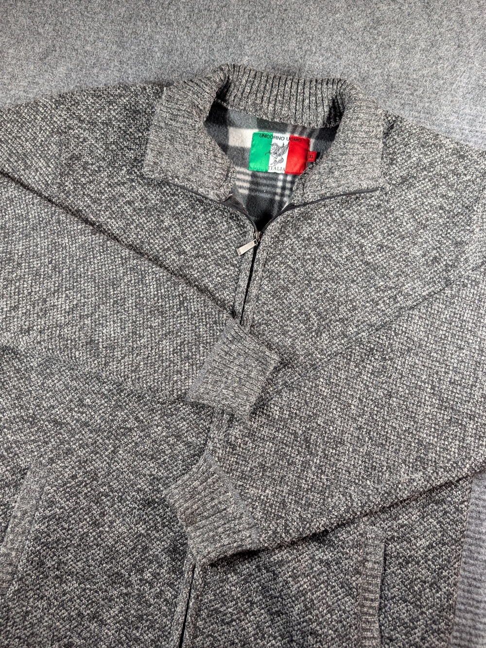 Men's XL Gray Full-Zip Knit Sweater with Stand Collar